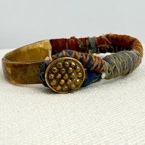 Artisan Hammered Brass and Multi-Color Textile Wrapped Cuff Bracelet with Button